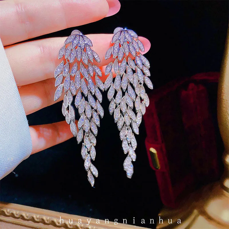 925 Silver Needles Layers Fashion Leaves Design Fringed Boho Earrings