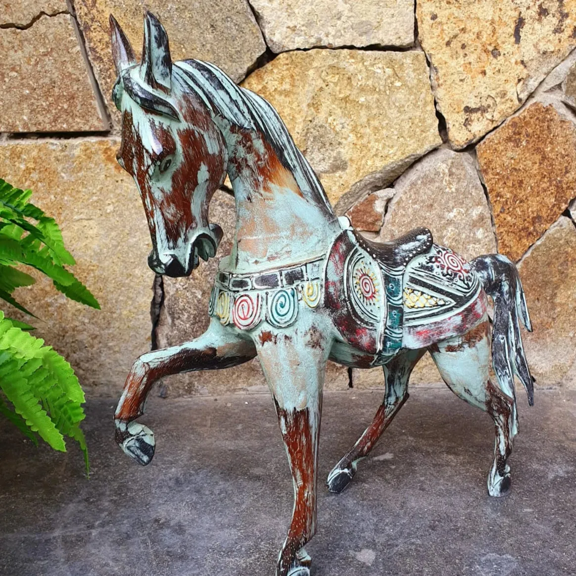 Antique Green Carved Wooden Prancing Horse