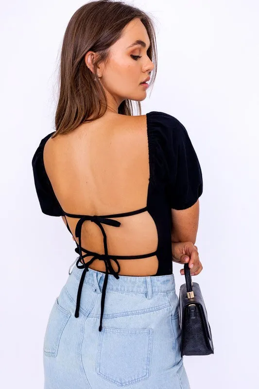 Balloon Elbow Sleeve Open Back Bodysuit