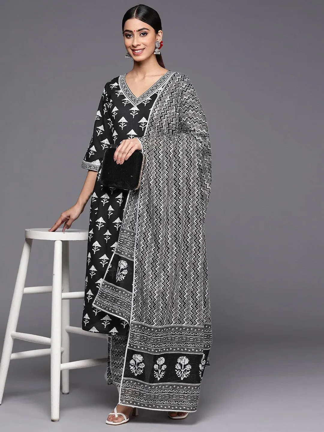 Black Printed Cotton A-Line Kurta With Trousers & Dupatta