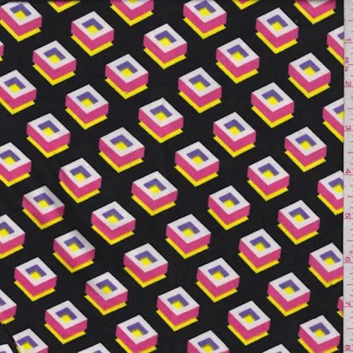 Black/Hot Pink/Yellow Geo Cube Double Brushed Jersey Knit Fabric