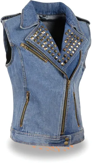 Blue Denim Fitted Studded Vest