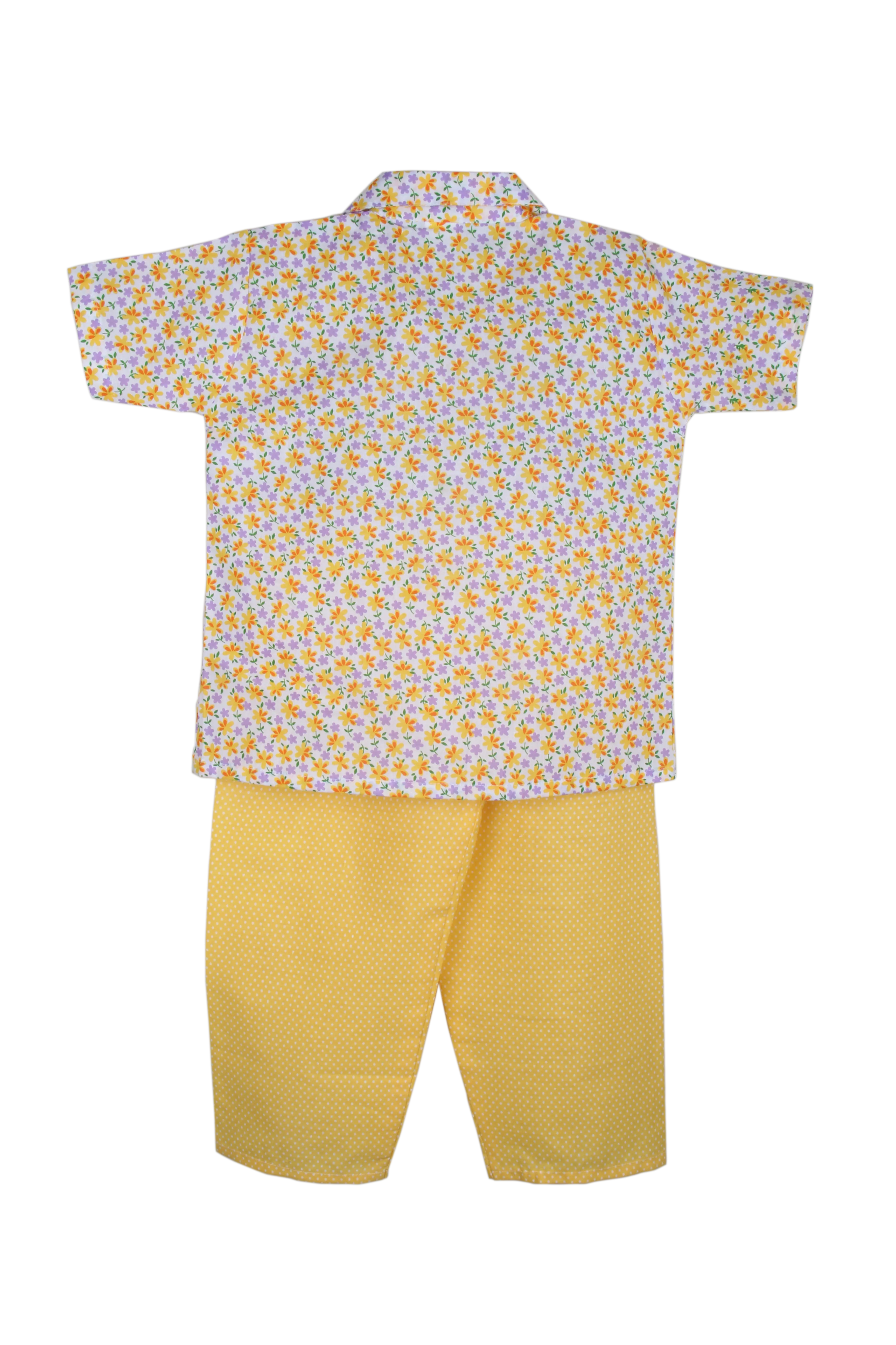 BownBee Flower print Cotton Night Suit for Girls - Yellow