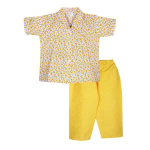 BownBee Flower print Cotton Night Suit for Girls - Yellow