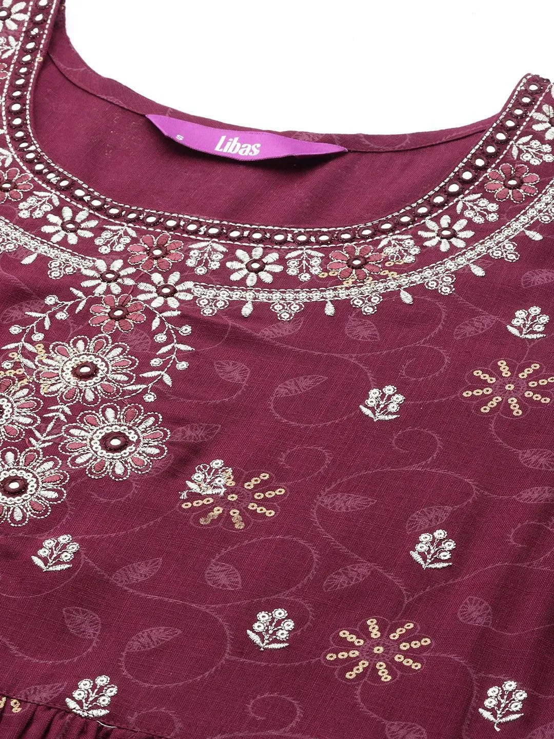 Burgundy Embroidered Rayon A-Line Kurta With Trousers & Dupatta