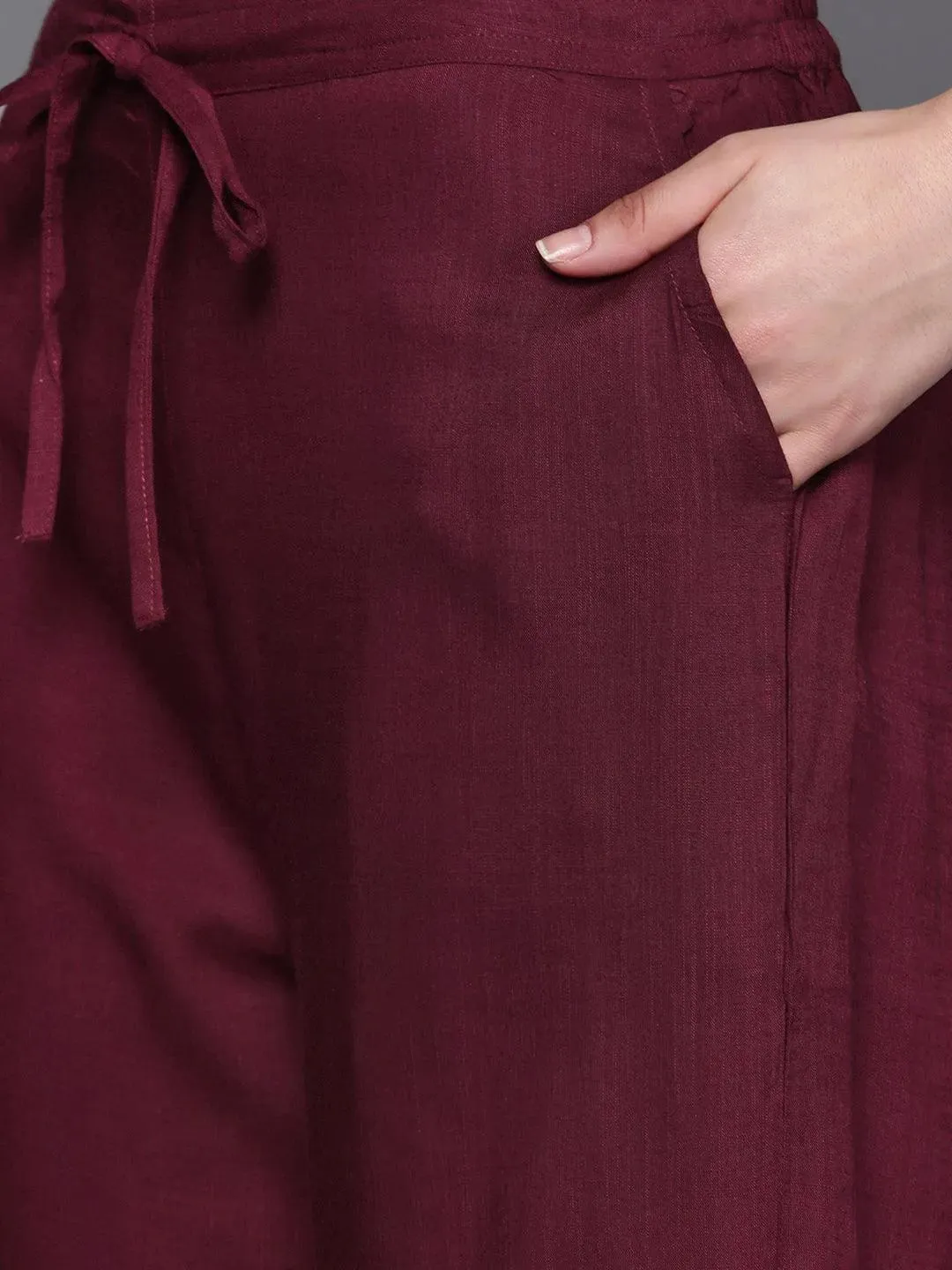 Burgundy Embroidered Rayon A-Line Kurta With Trousers & Dupatta