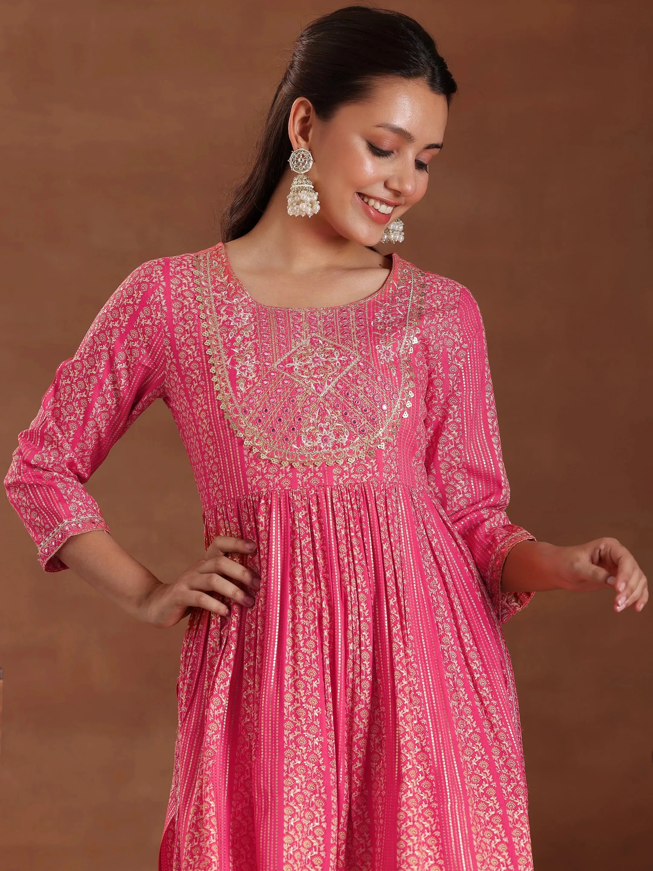 Coral Printed Rayon A-Line Kurta With Sharara & Dupatta