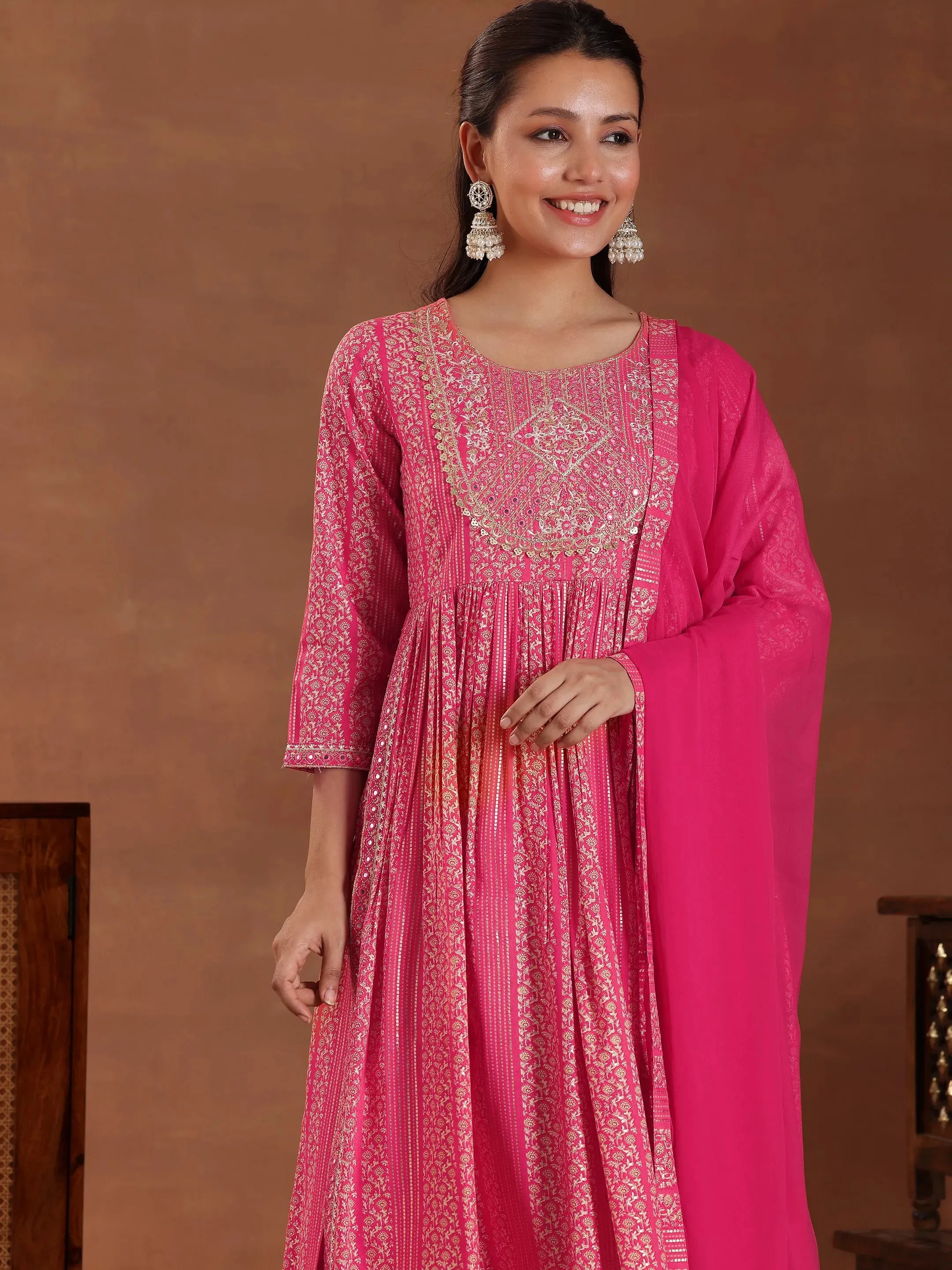 Coral Printed Rayon A-Line Kurta With Sharara & Dupatta