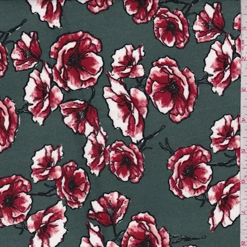 Forest/Garnet Floral Double Brushed Jersey Knit Fabric