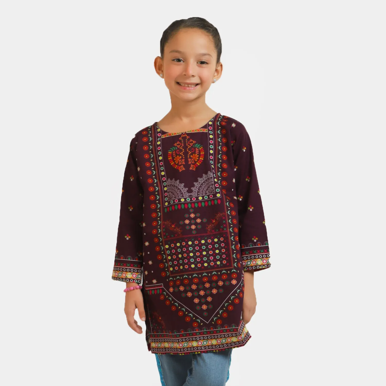 Girls Digital Print Kurti Balochi - Purple