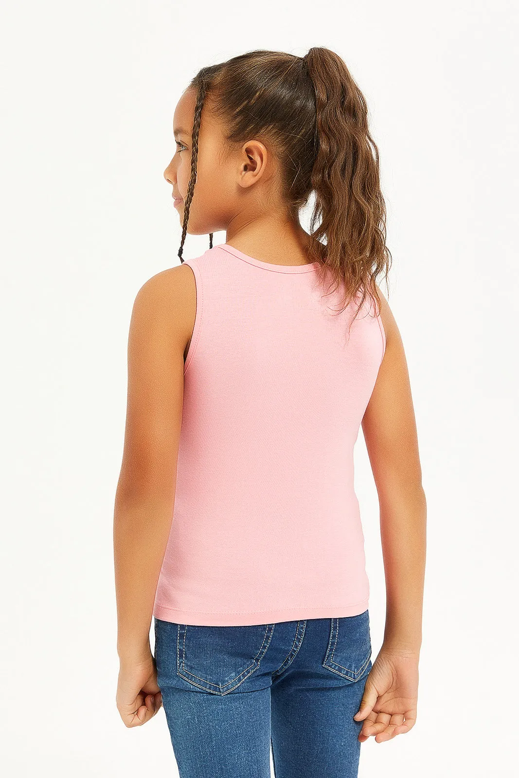 Girls Pink And White Sleeveless Vest Set (Pack of 2)