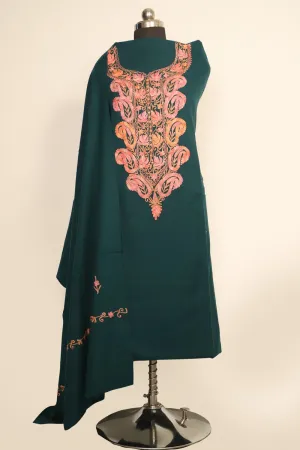 Green Color Kashmiri Woolen Aari Work Embroidered Unstitched Suit Fabric With Stole