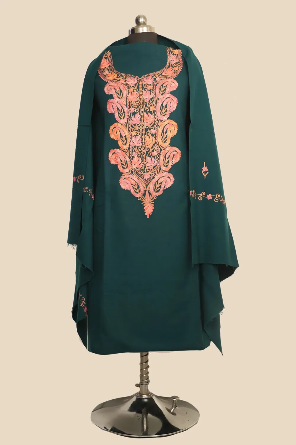 Green Color Kashmiri Woolen Aari Work Embroidered Unstitched Suit Fabric With Stole