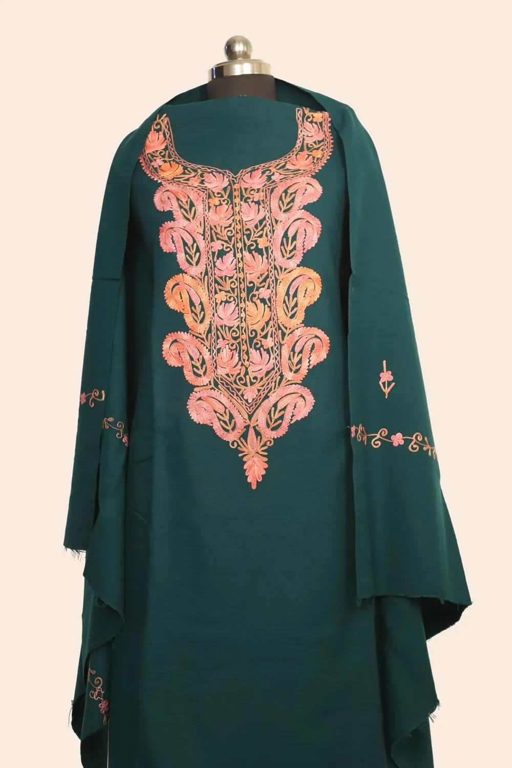 Green Color Kashmiri Woolen Aari Work Embroidered Unstitched Suit Fabric With Stole