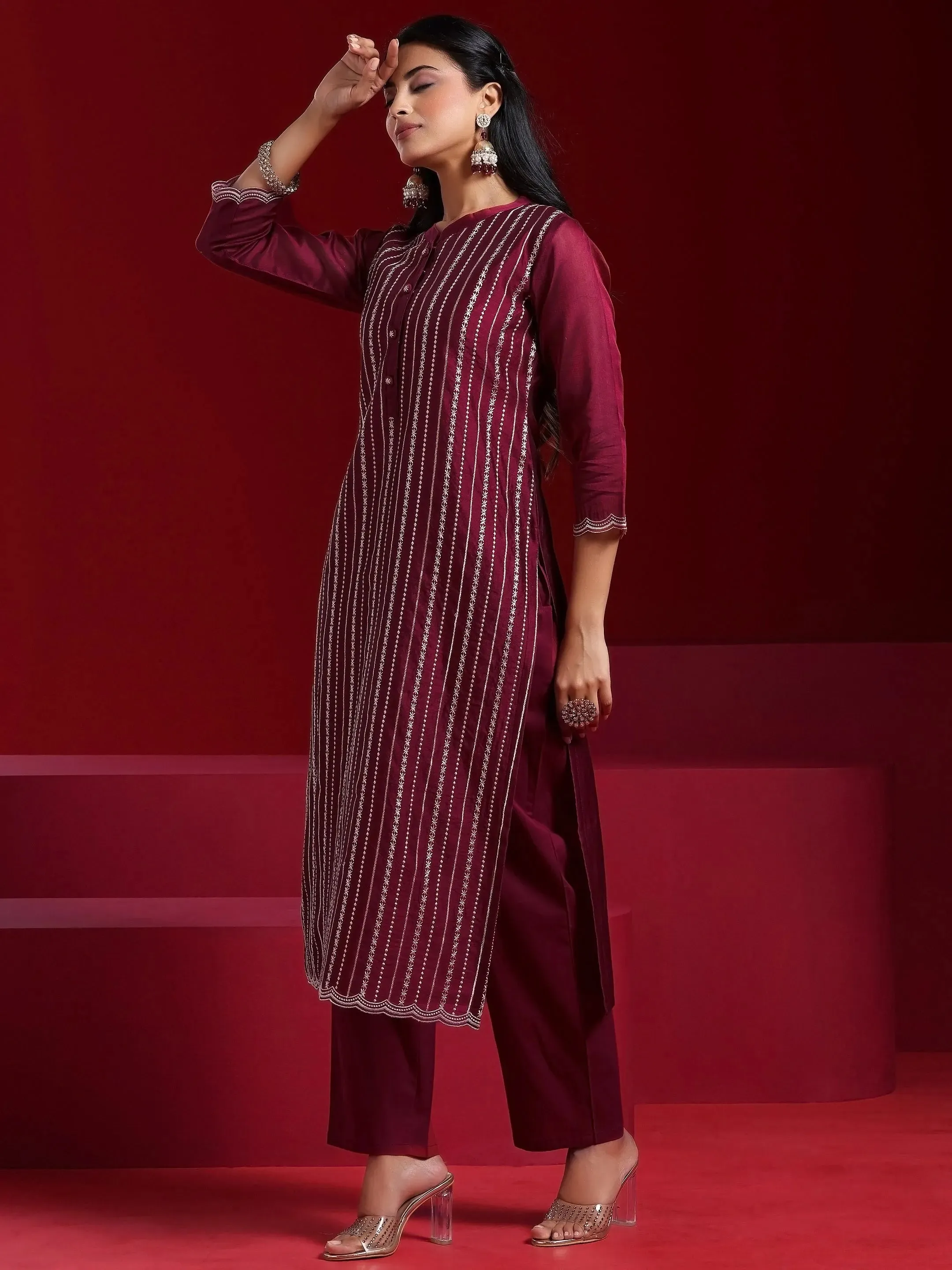 Libas Art Maroon Embroidered Chanderi Silk Straight Suit With Dupatta