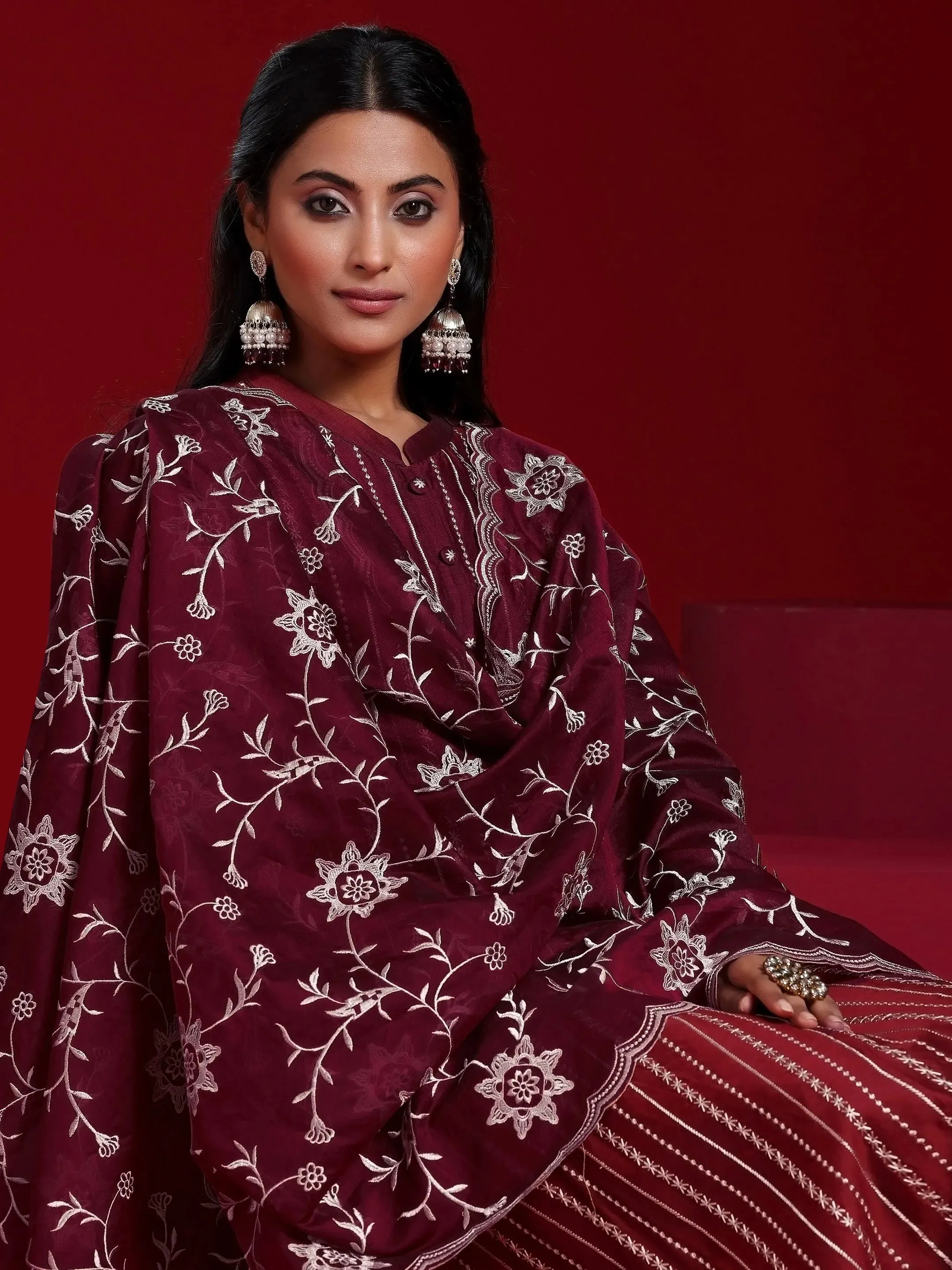 Libas Art Maroon Embroidered Chanderi Silk Straight Suit With Dupatta