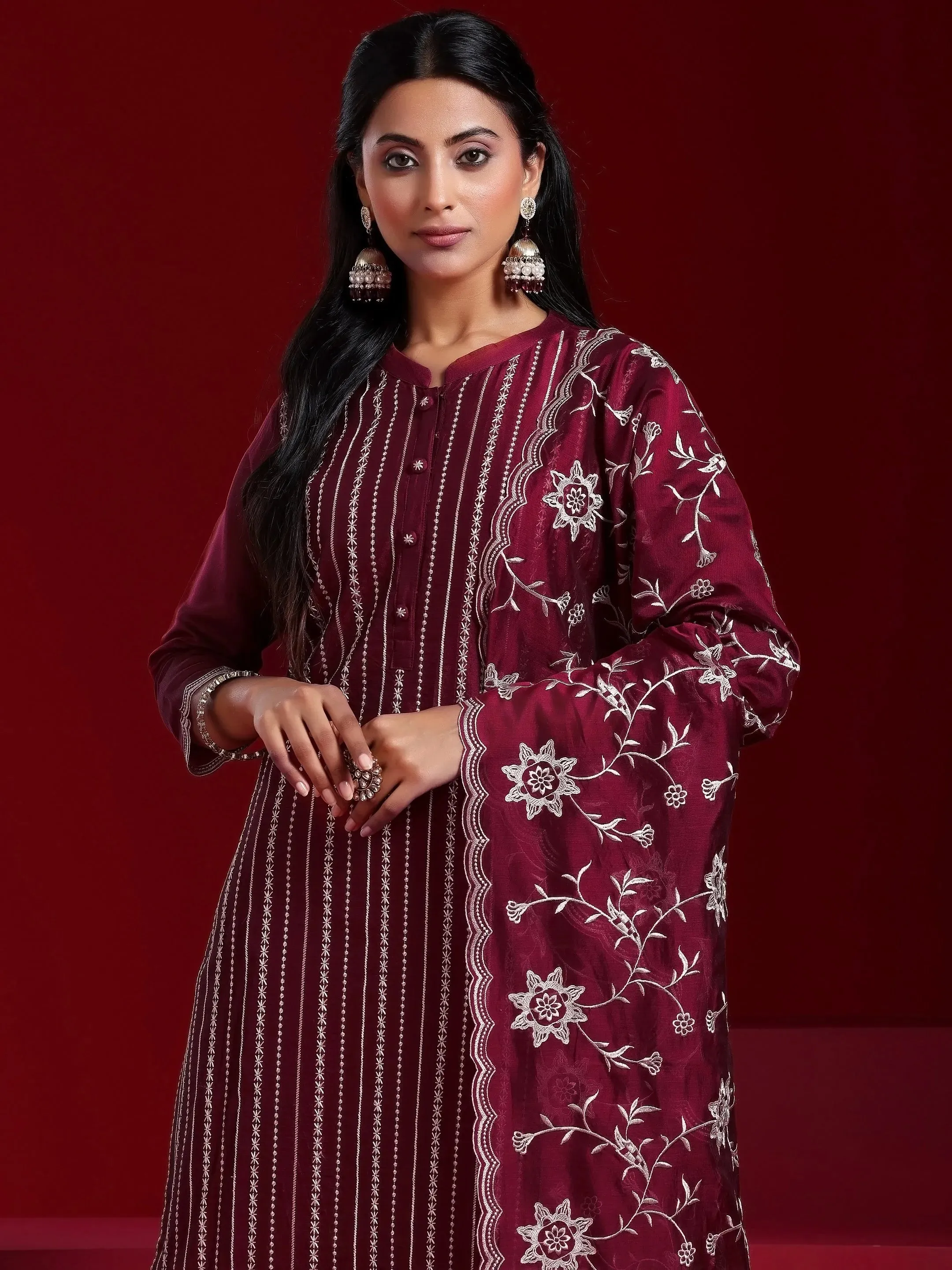 Libas Art Maroon Embroidered Chanderi Silk Straight Suit With Dupatta