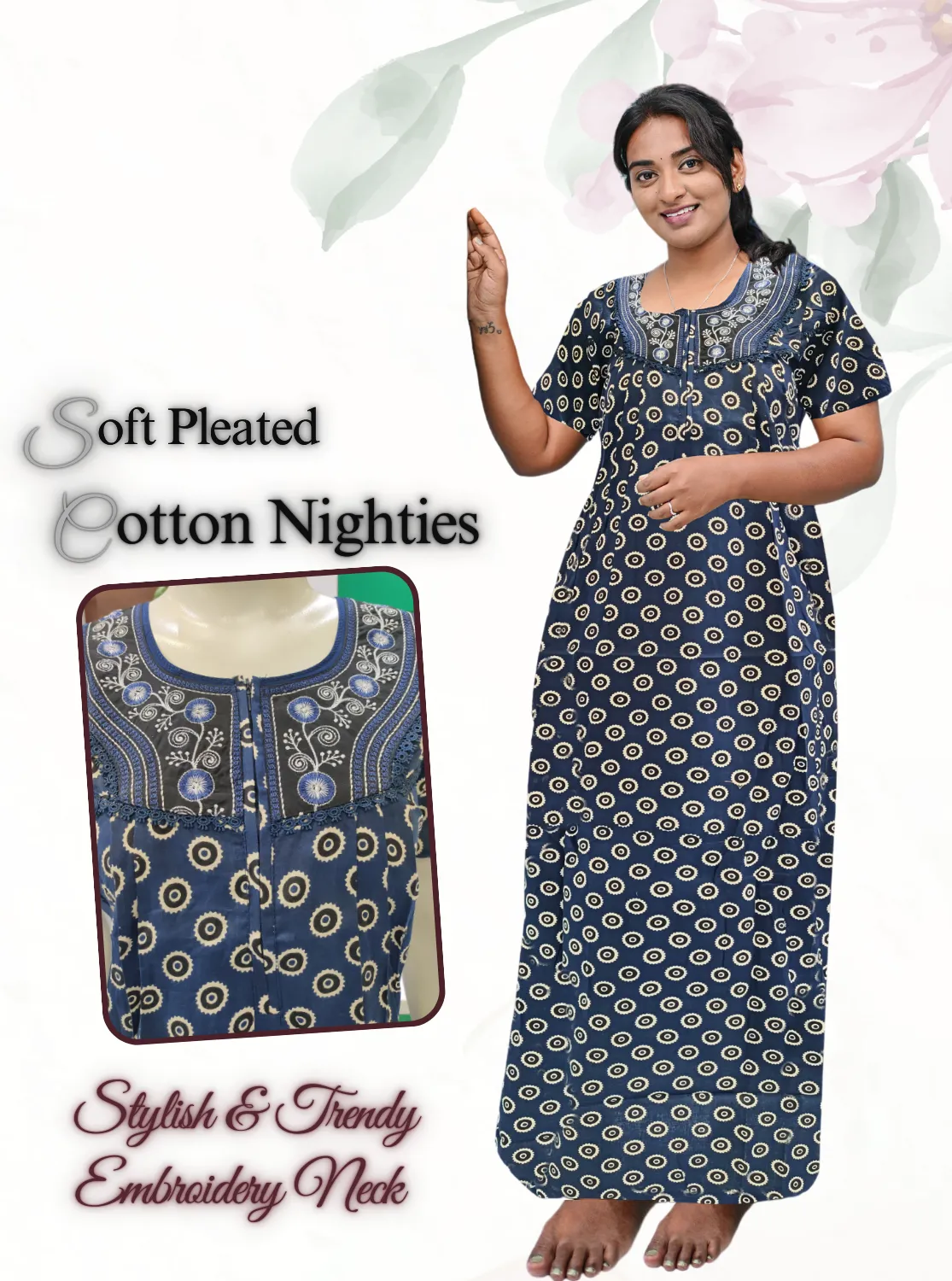 MANGAI New Collection Premium Cotton Embroidery Printed Nighties  - All Over Printed Stylish Nightwear for Stylish Women | Trendy Embroidery Neck | Pleated Model (CPL)