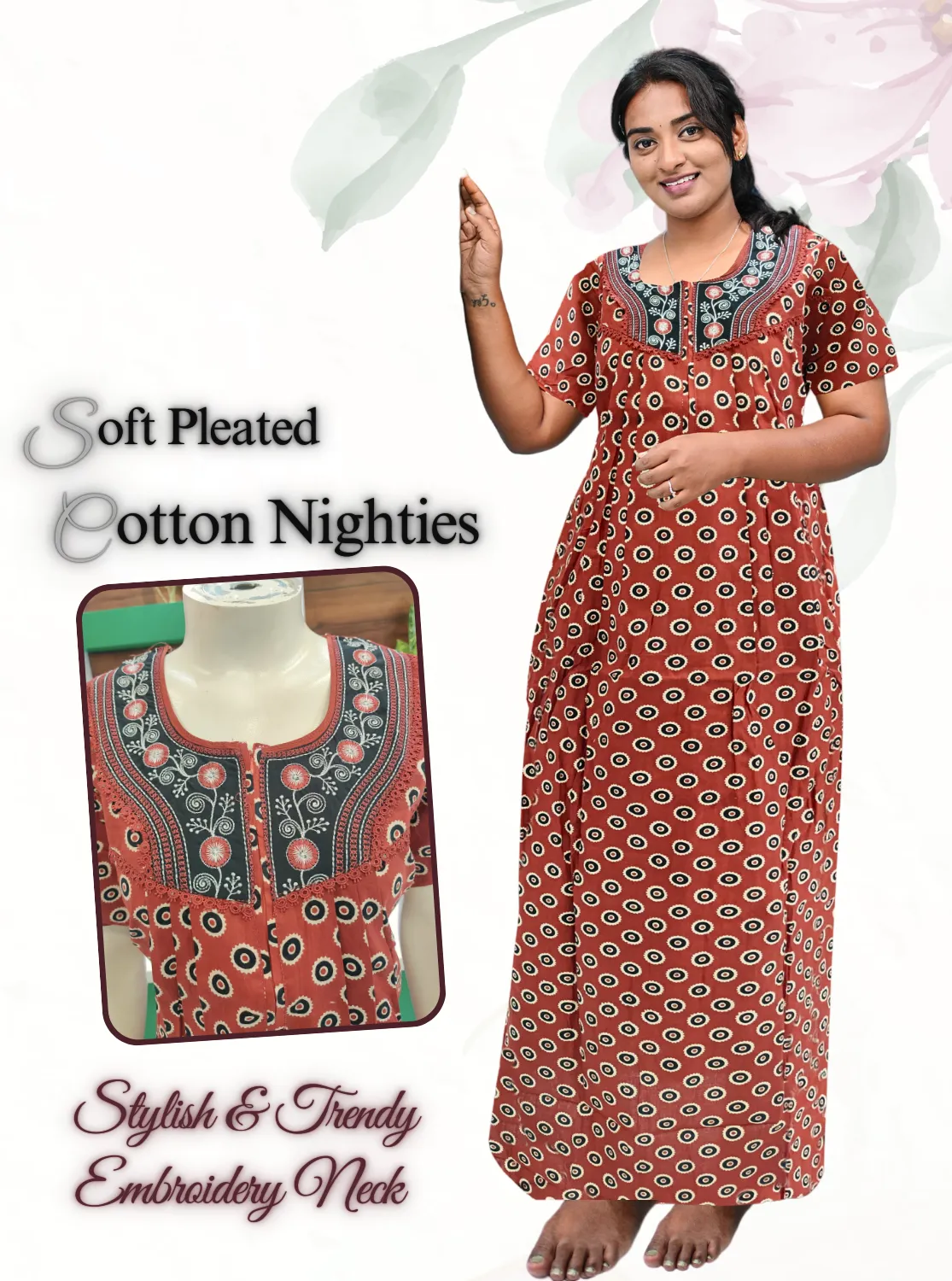 MANGAI New Collection Premium Cotton Embroidery Printed Nighties  - All Over Printed Stylish Nightwear for Stylish Women | Trendy Embroidery Neck | Pleated Model (CPL)