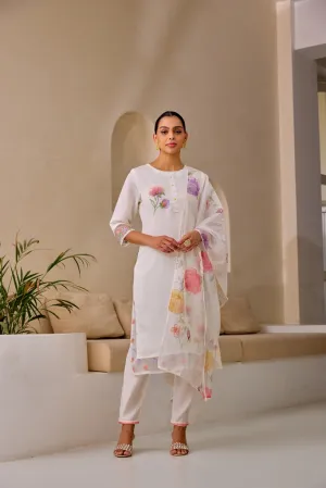 Neerus White Straight Embroidery Kurta And Trousers With Dupatta