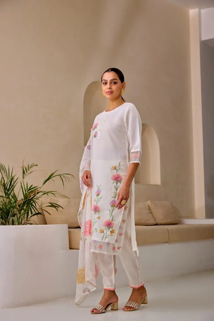 Neerus White Straight Embroidery Kurta And Trousers With Dupatta