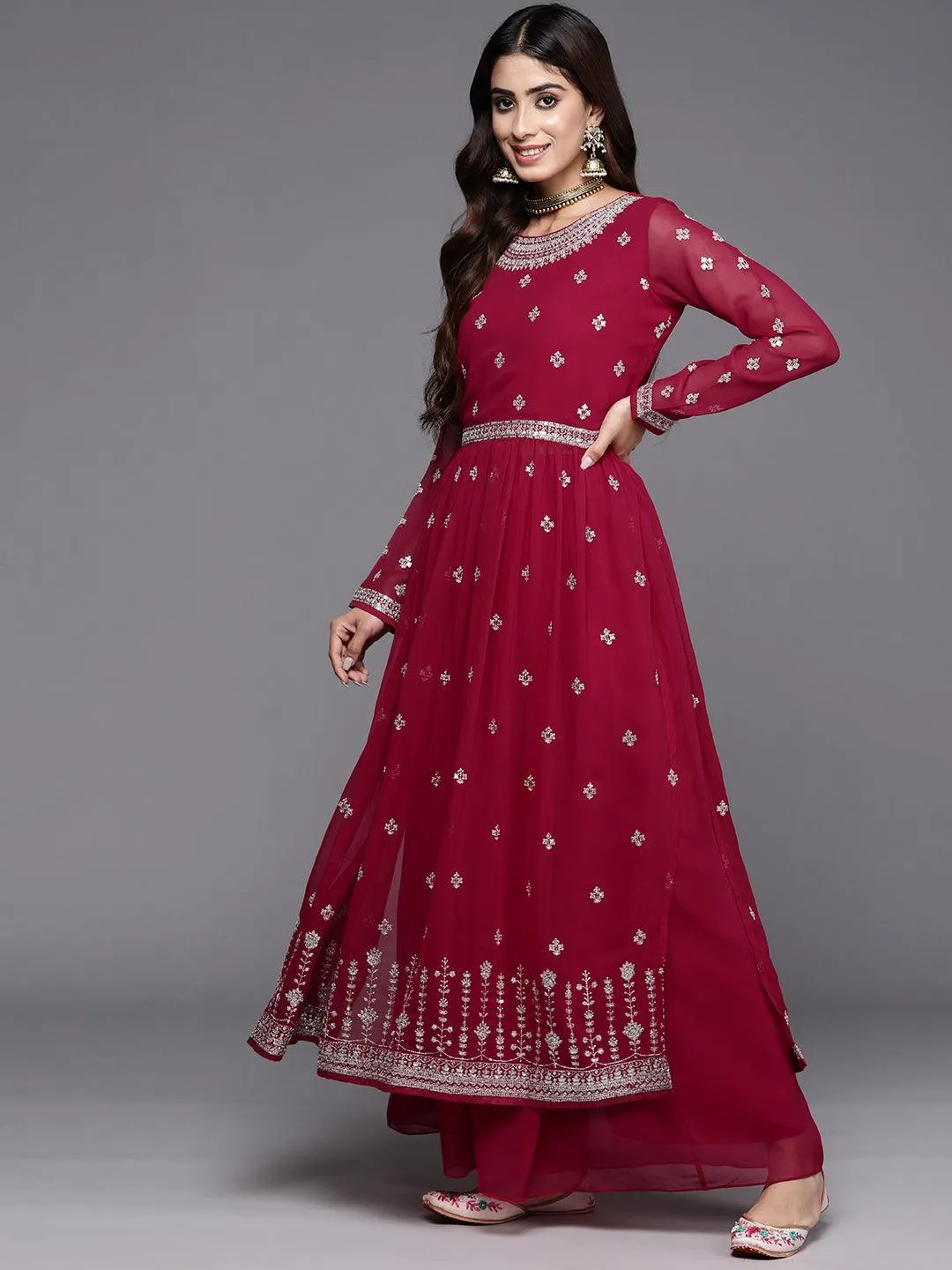 Red Embroidered Georgette A-Line Kurta With Palazzos & Dupatta