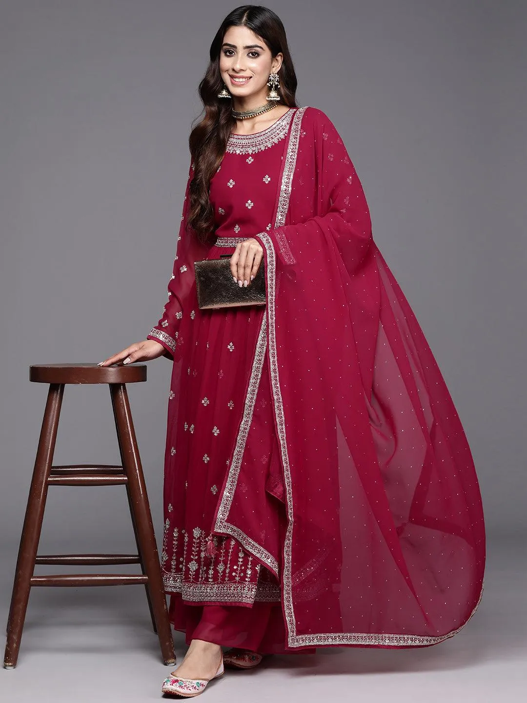 Red Embroidered Georgette A-Line Kurta With Palazzos & Dupatta