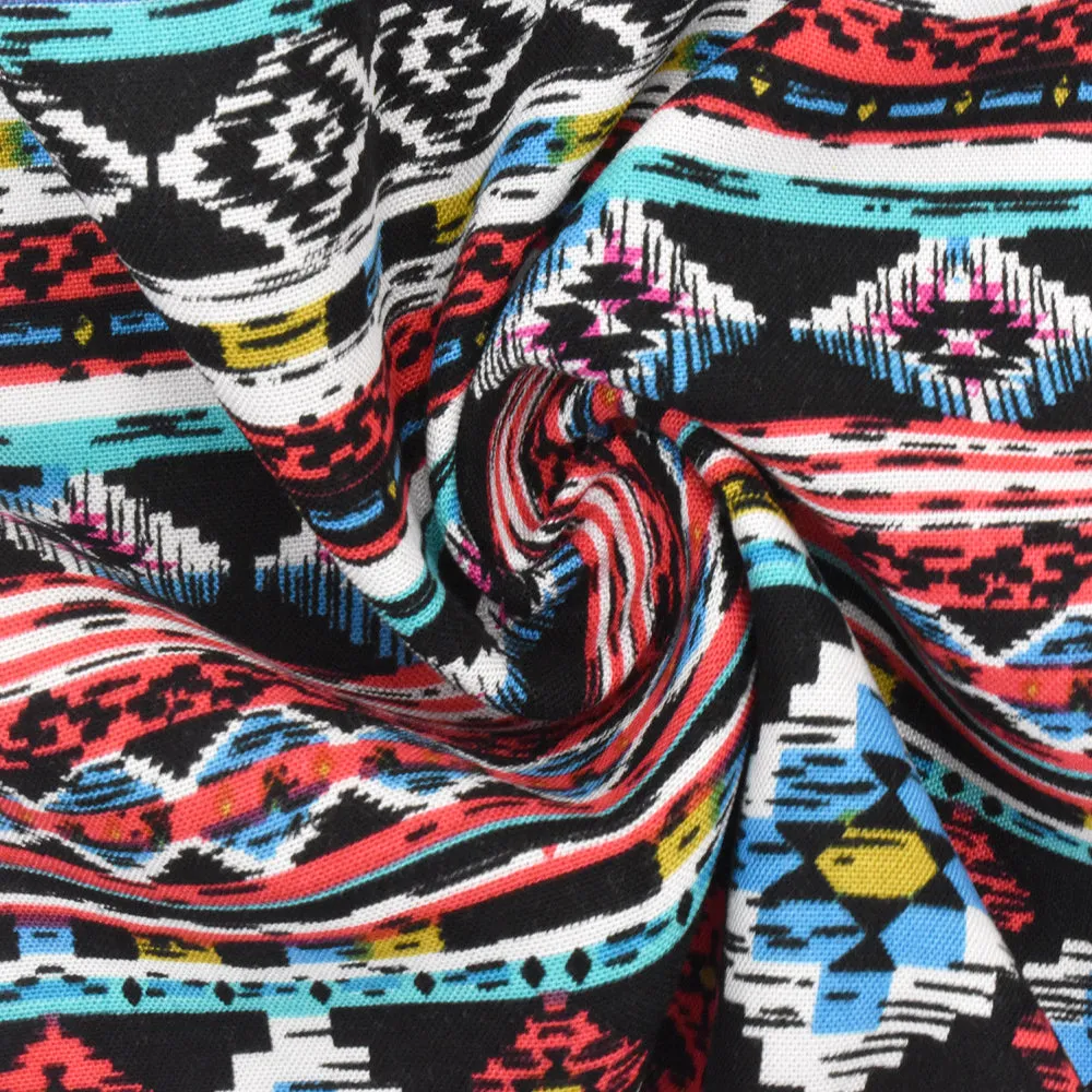 Red-Teal-Multi Aztec Stripe Printed Rayon Challis Woven Fabric