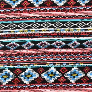 Red-Teal-Multi Aztec Stripe Printed Rayon Challis Woven Fabric