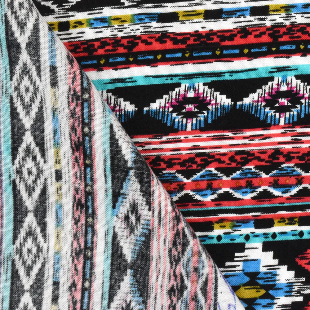 Red-Teal-Multi Aztec Stripe Printed Rayon Challis Woven Fabric