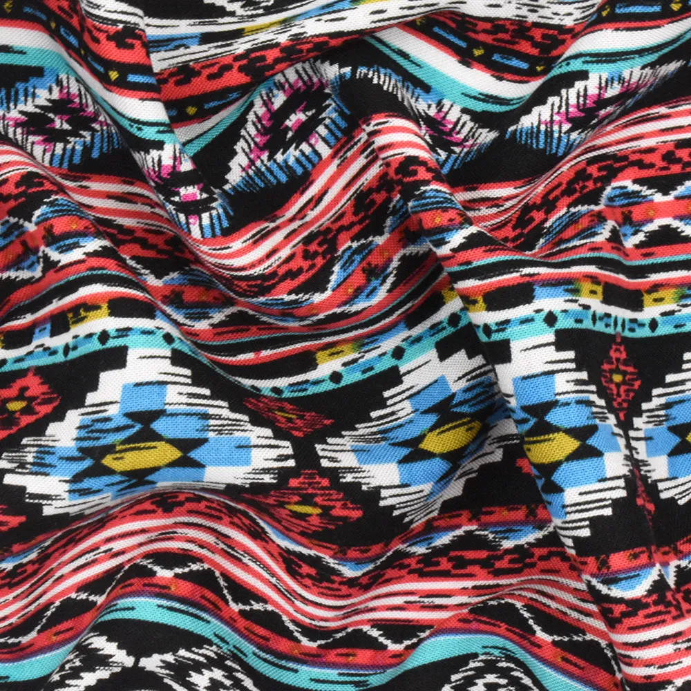 Red-Teal-Multi Aztec Stripe Printed Rayon Challis Woven Fabric