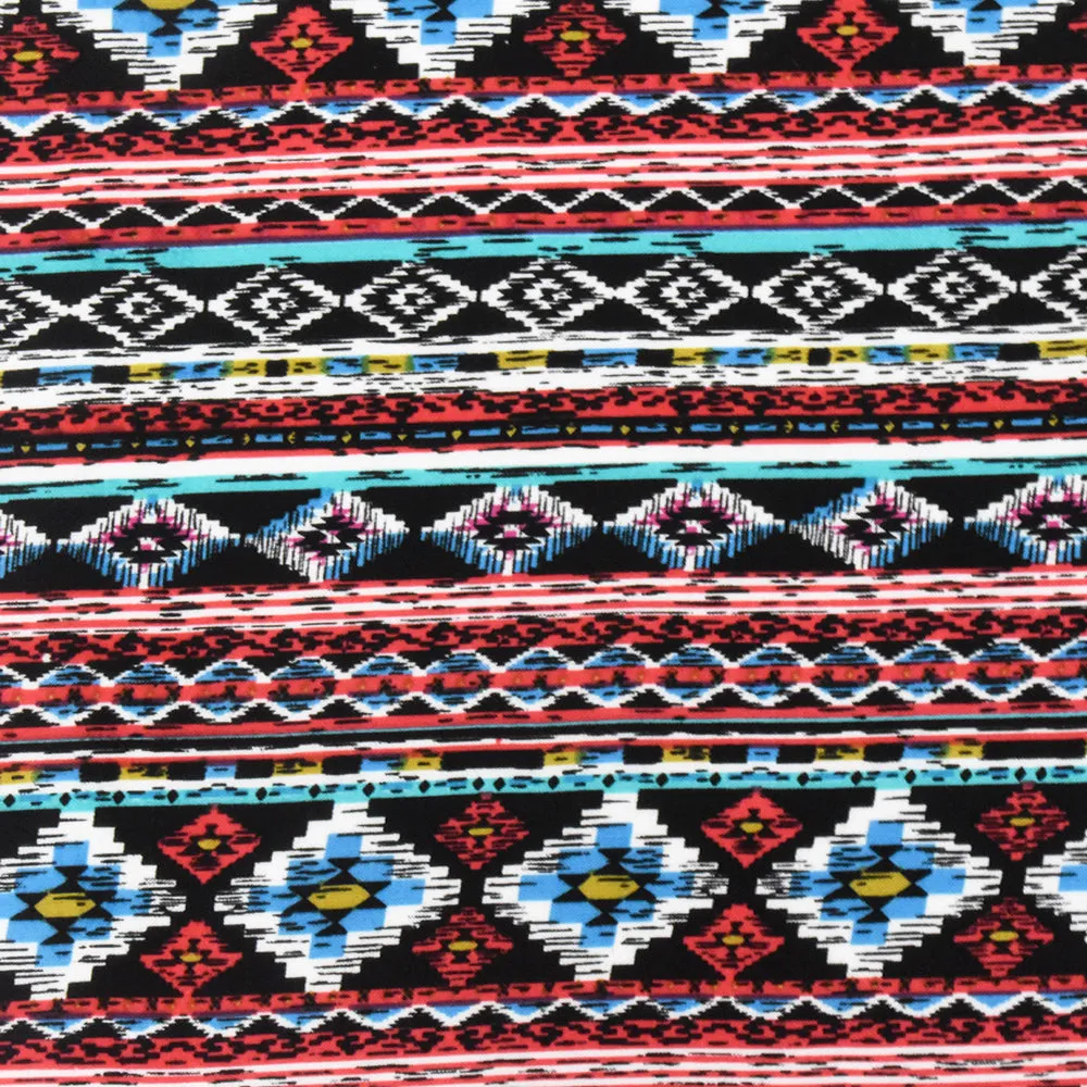 Red-Teal-Multi Aztec Stripe Printed Rayon Challis Woven Fabric