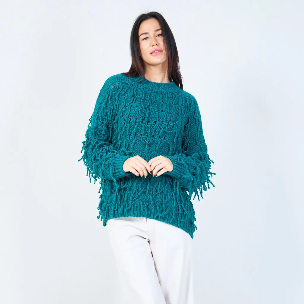 Textured fringe knit sweater wholesale