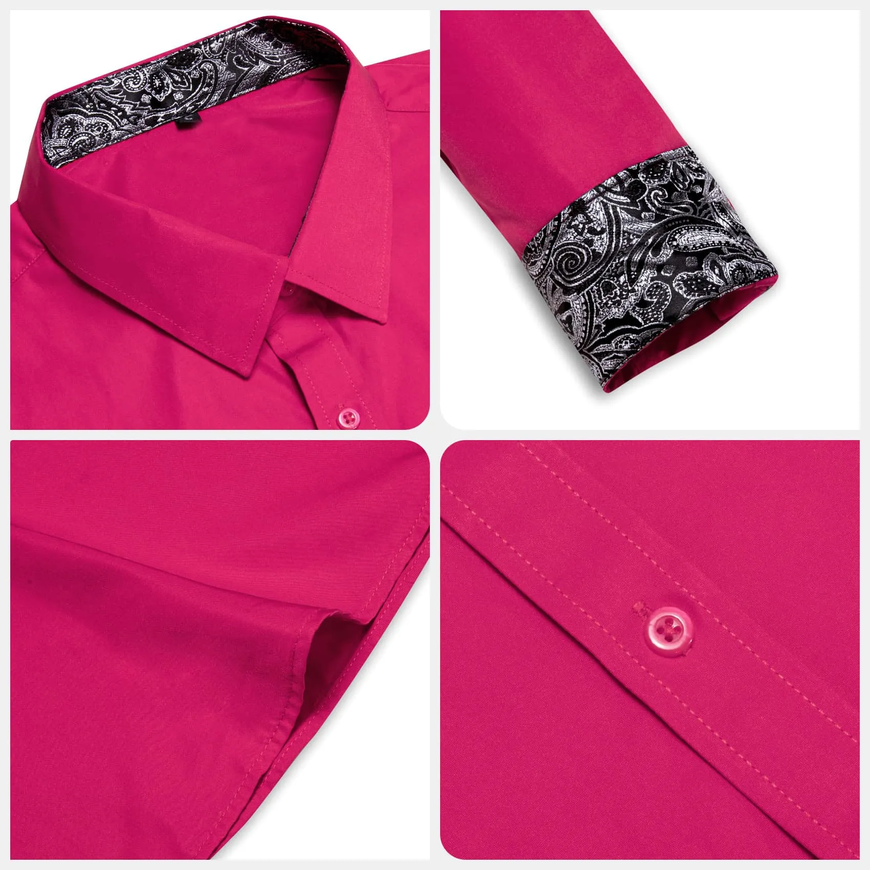 Ties2you Business Shirts Hot Pink Solid Splicing Paisley Silk Mens Button Up Long Sleeve Shirts