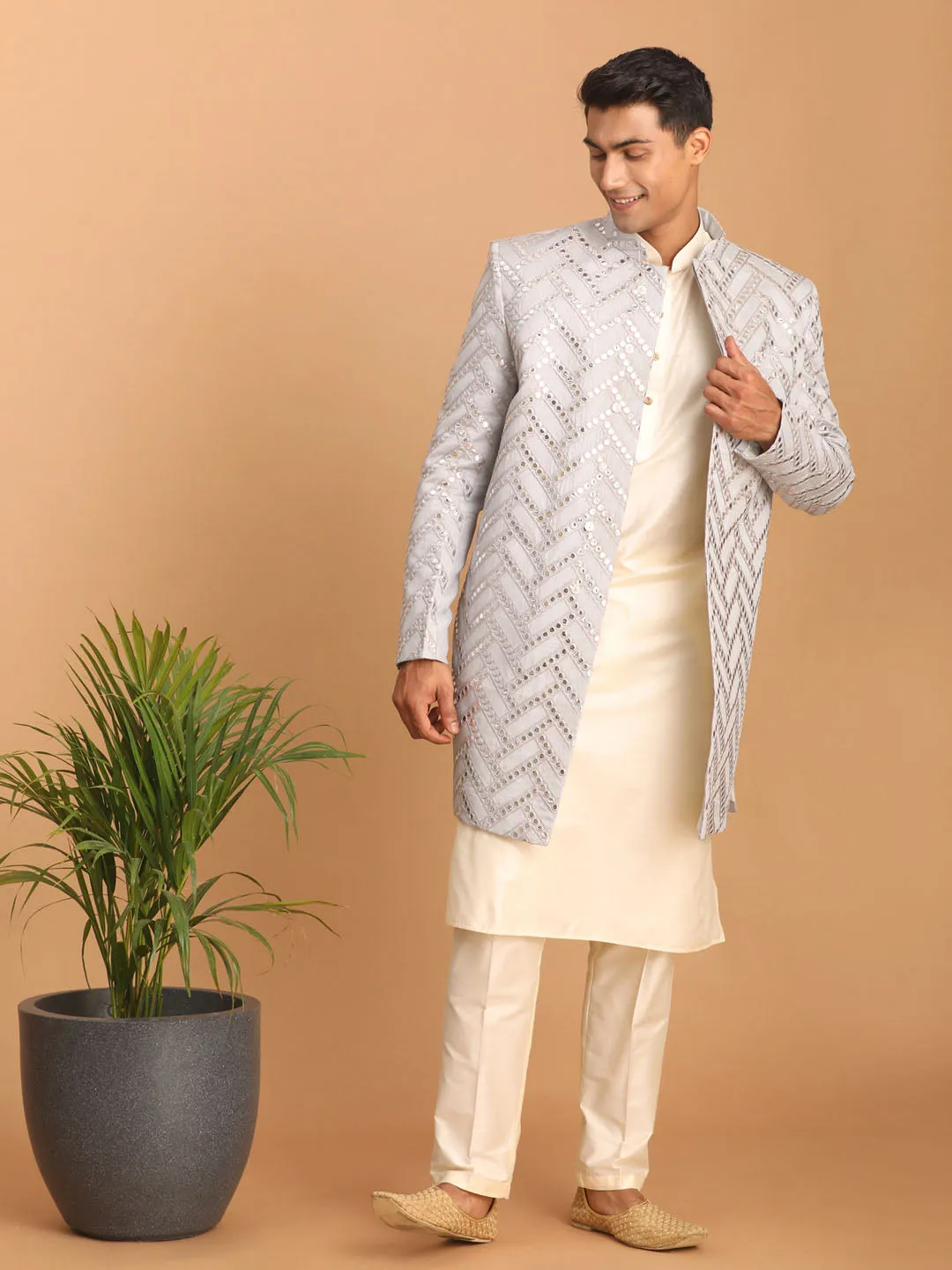 Vastramay Aqua Blue Mirror Sherwani Set