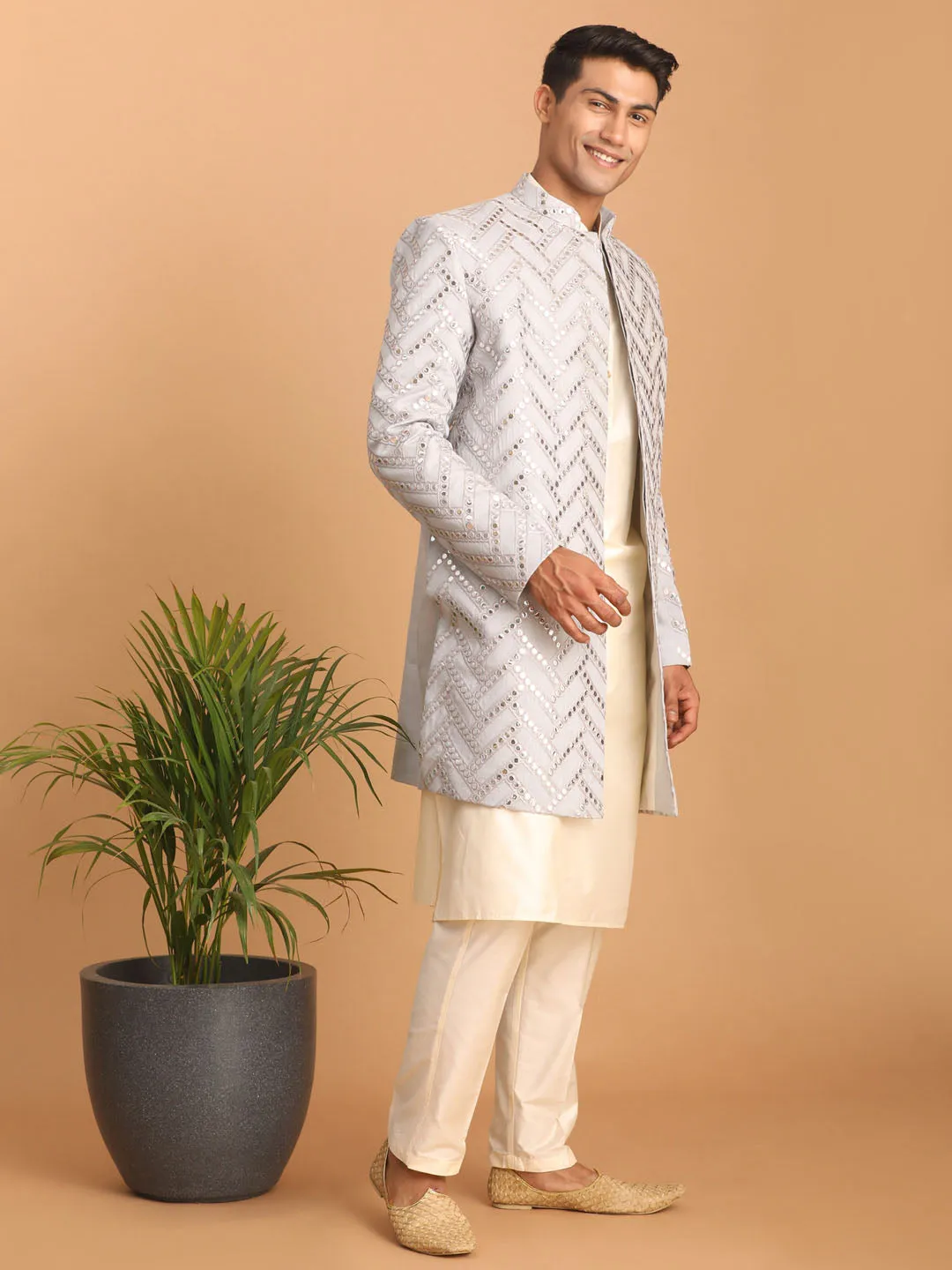 Vastramay Aqua Blue Mirror Sherwani Set