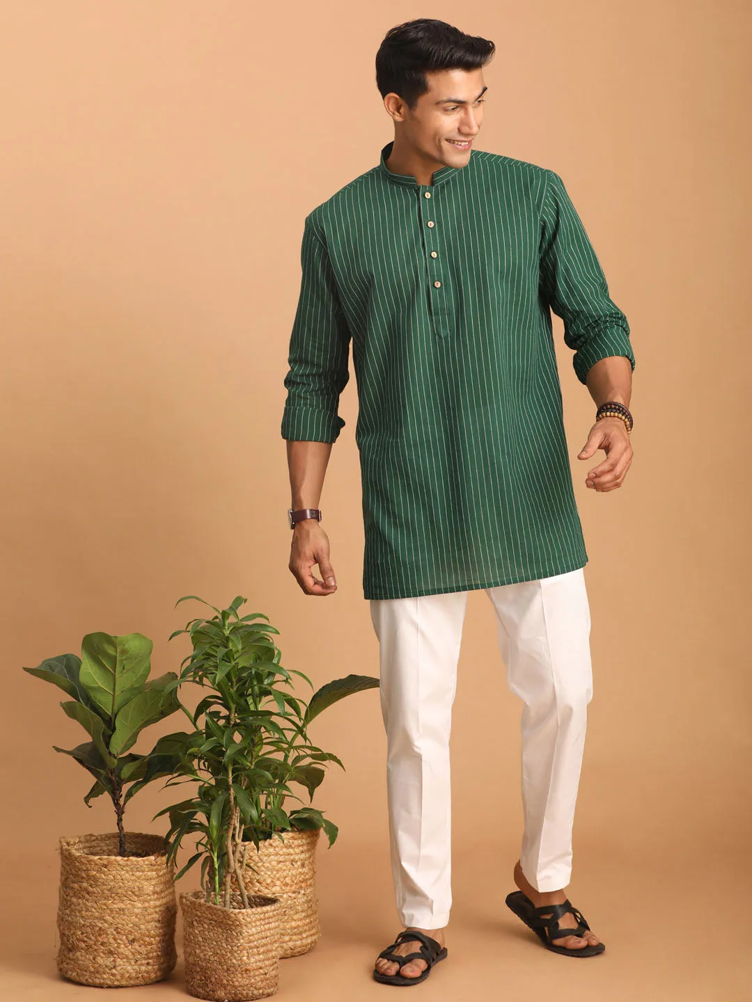 Vastramay Green Striped Cotton Kurta Set