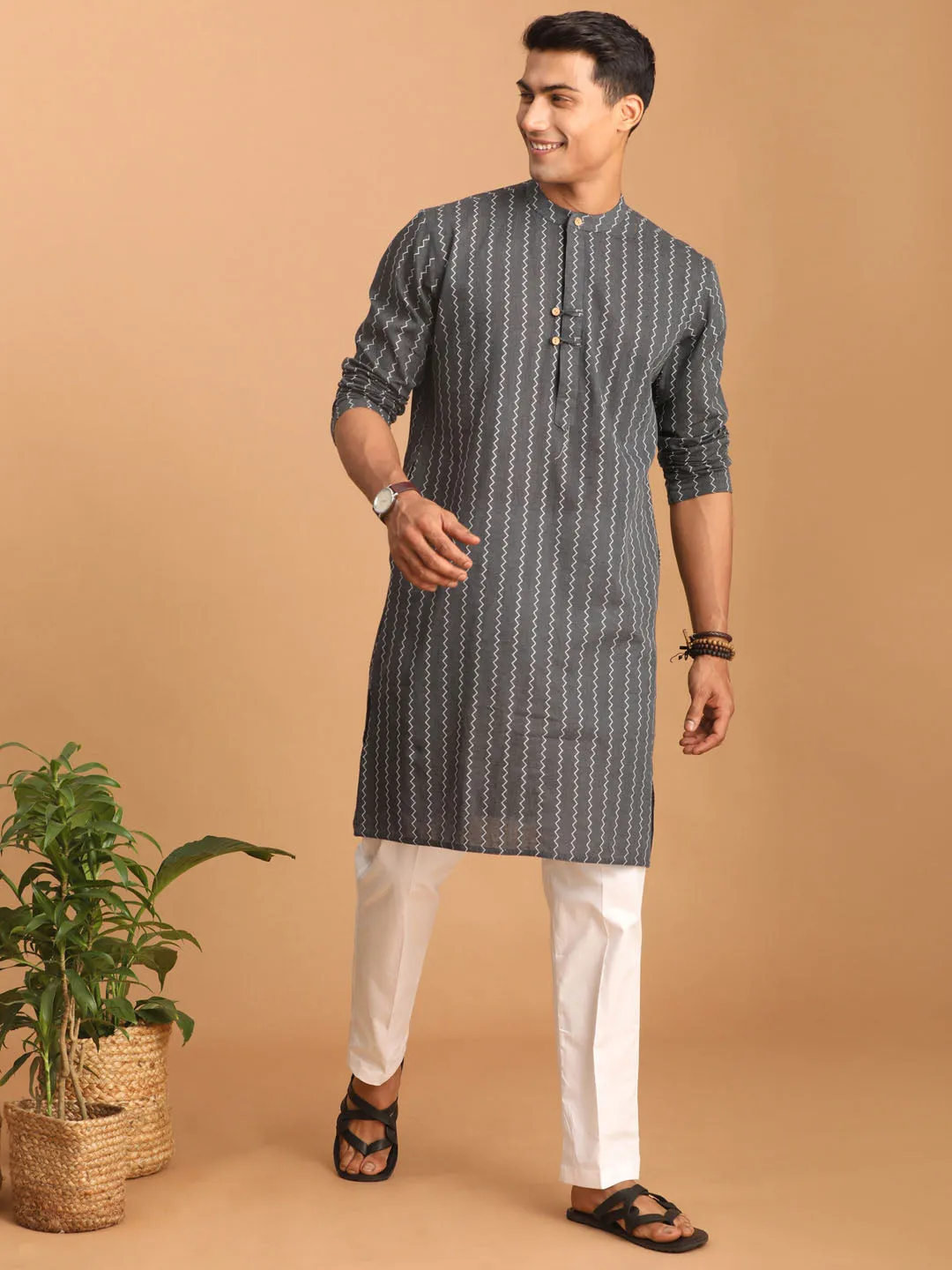 VASTRAMAY Men's Grey Zig Zag Kurta Set