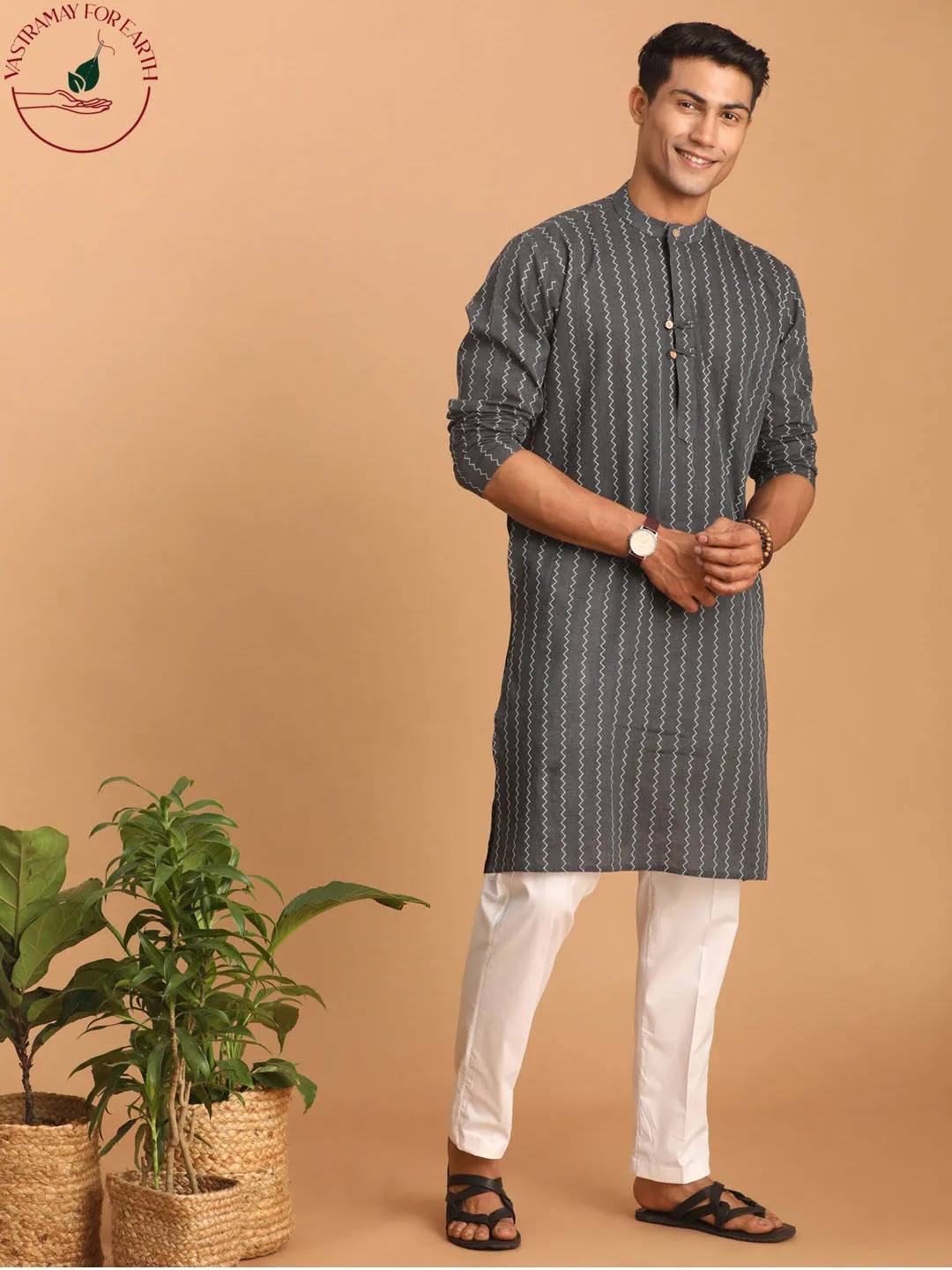 VASTRAMAY Men's Grey Zig Zag Kurta Set