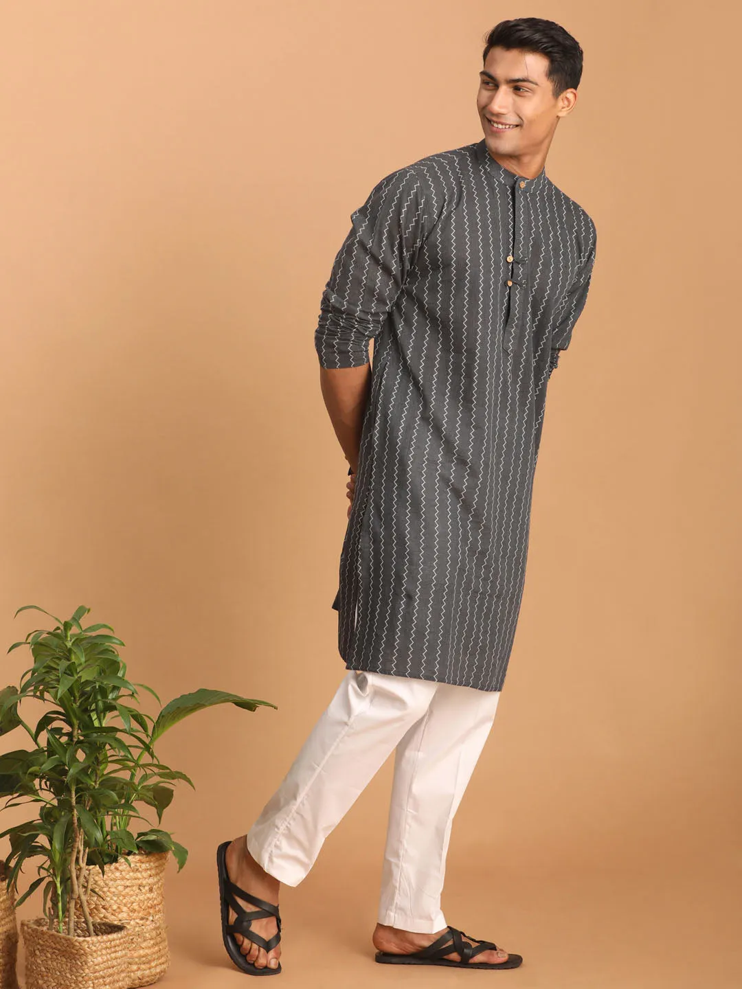 VASTRAMAY Men's Grey Zig Zag Kurta Set