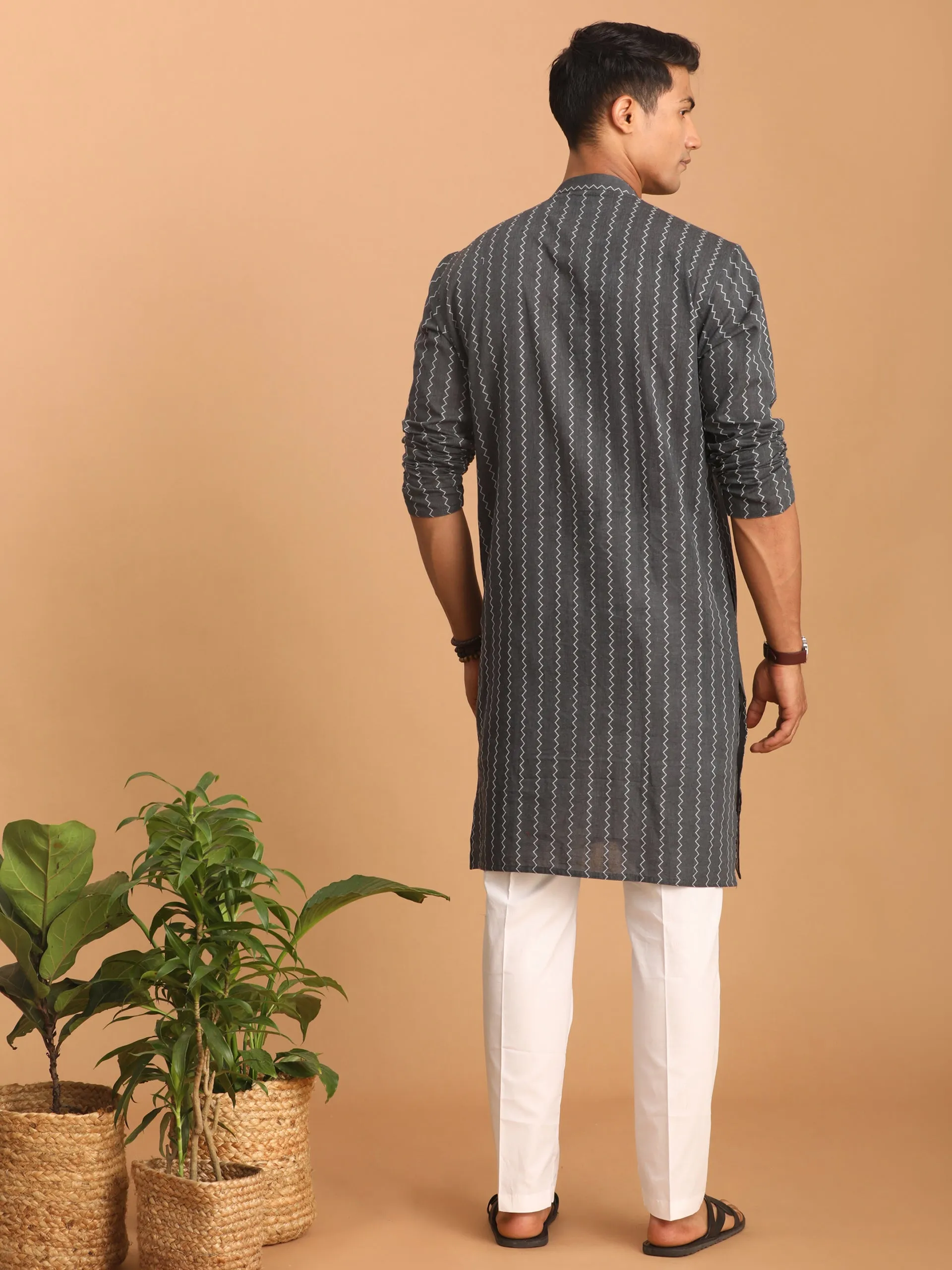 VASTRAMAY Men's Grey Zig Zag Kurta Set