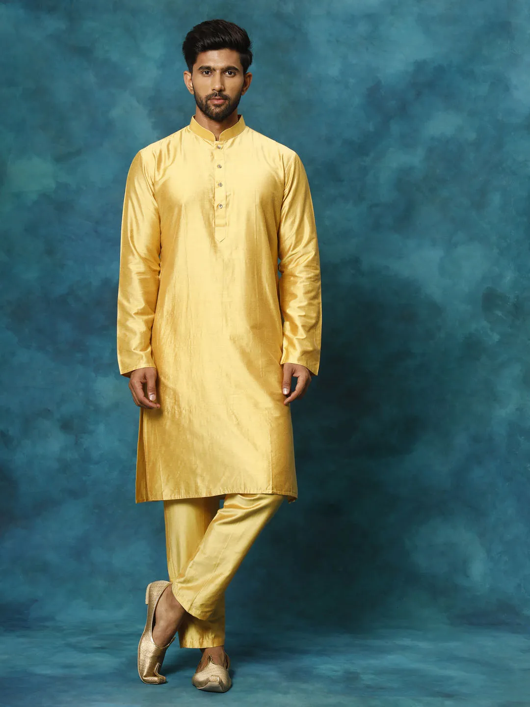 Vastramay Men's Mustard Viscose Kurta Pant Set