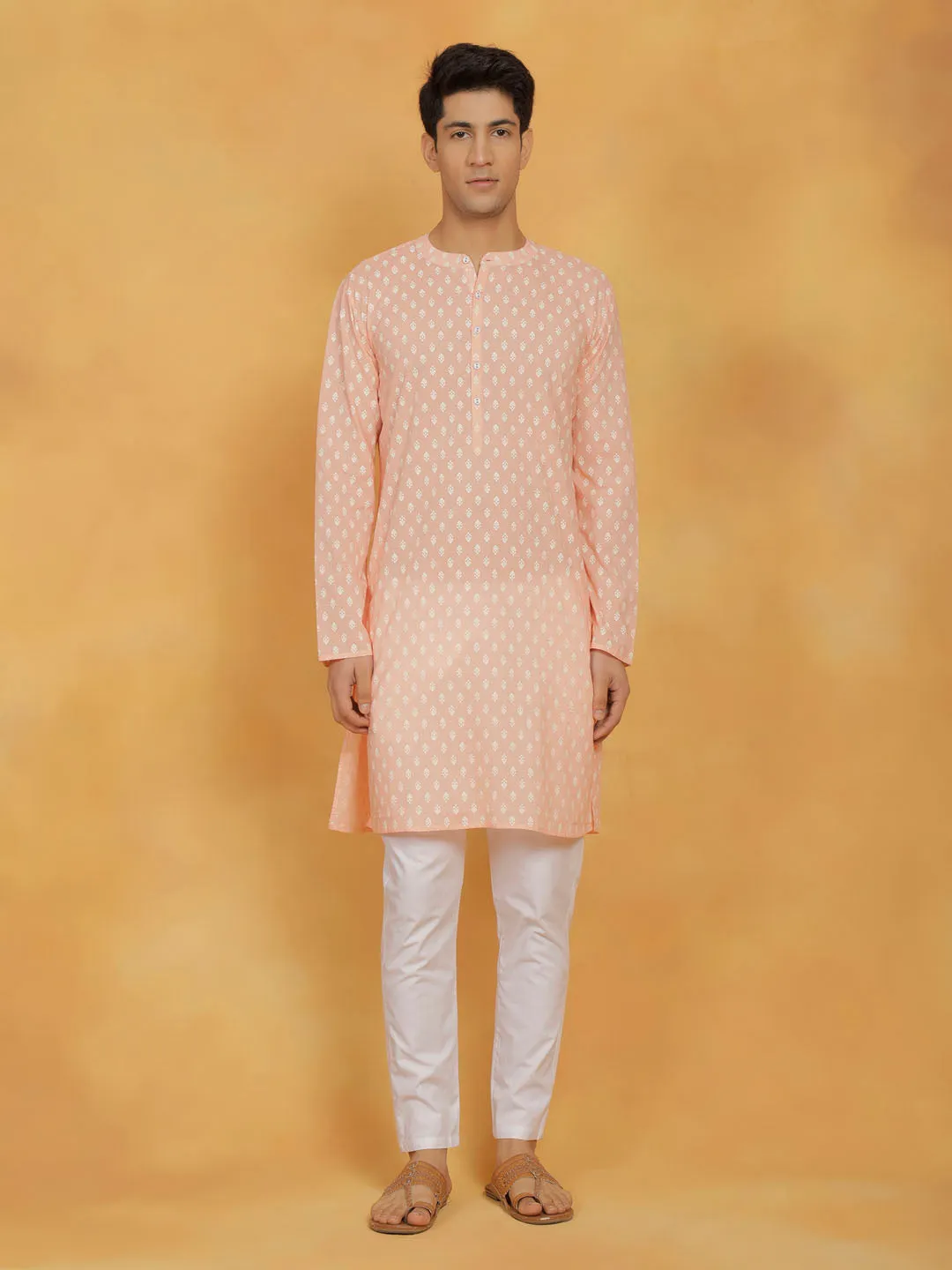 Vastramay Men's Peach Cotton Kurta Set