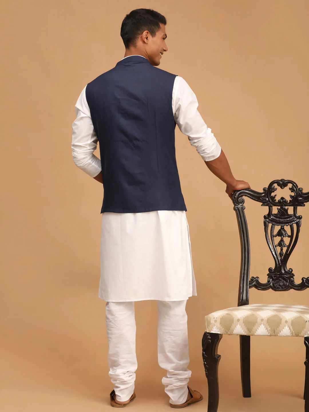 VASTRAMAY Navy Blue Nehru Jacket Kurta Set