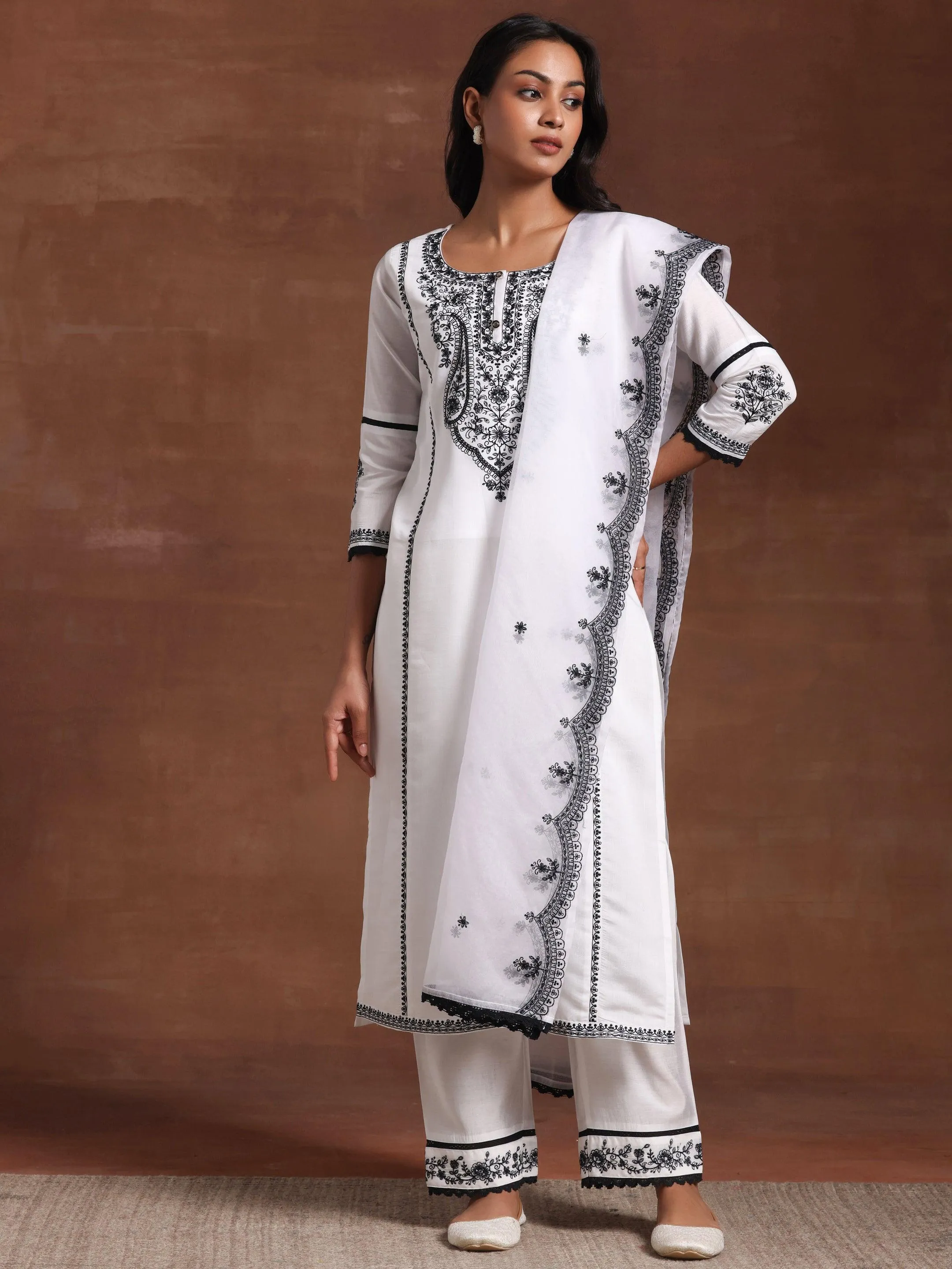 White Embroidered Silk Blend Straight Suit With Dupatta