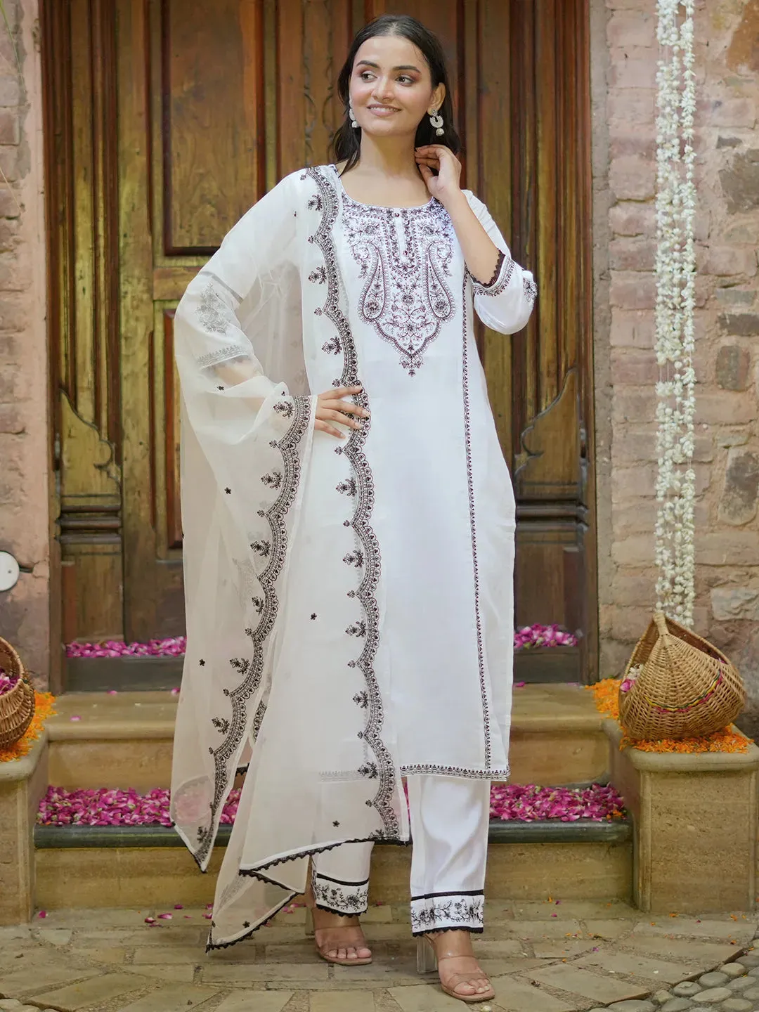 White Embroidered Silk Blend Straight Suit With Dupatta