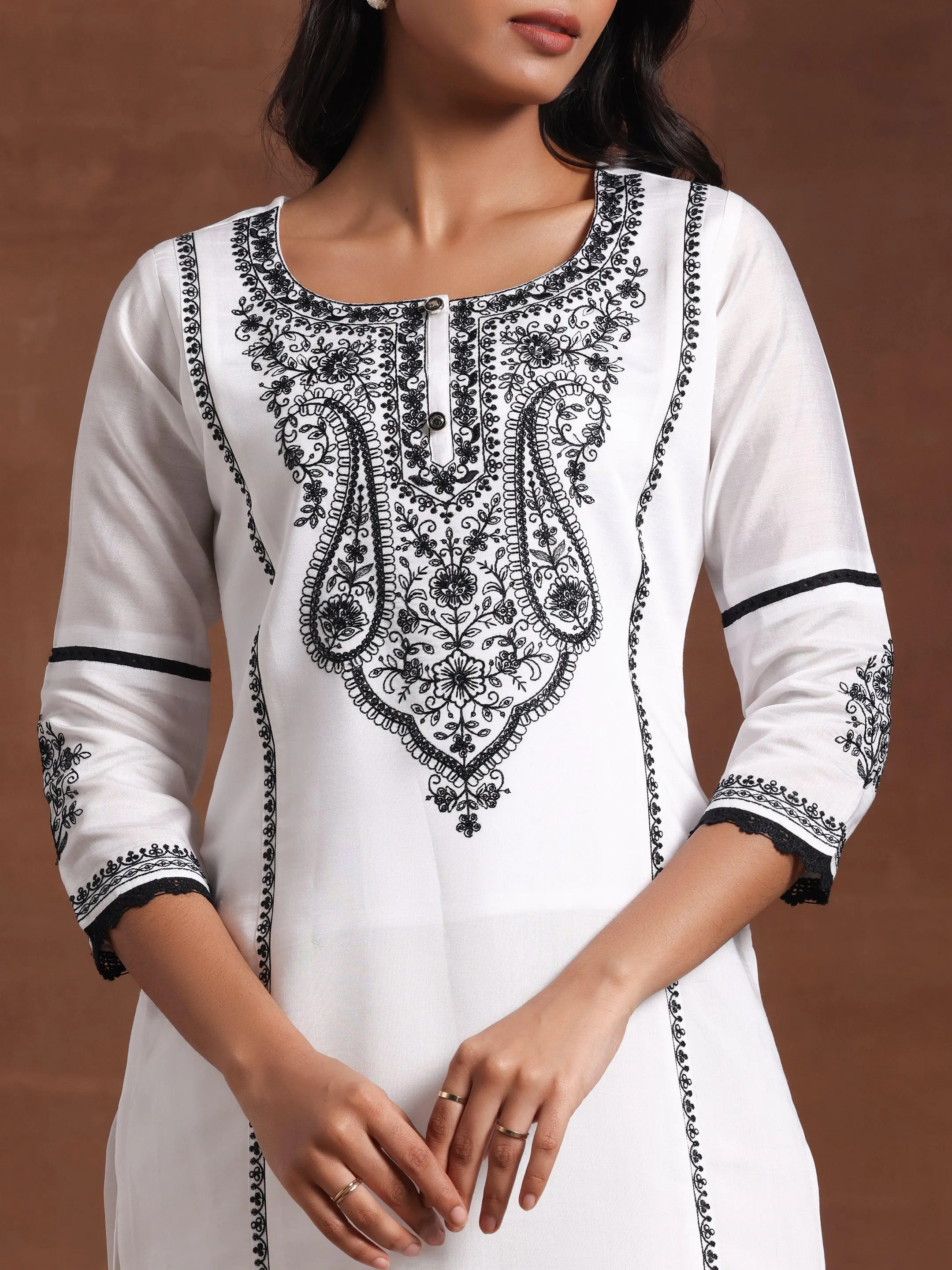 White Embroidered Silk Blend Straight Suit With Dupatta