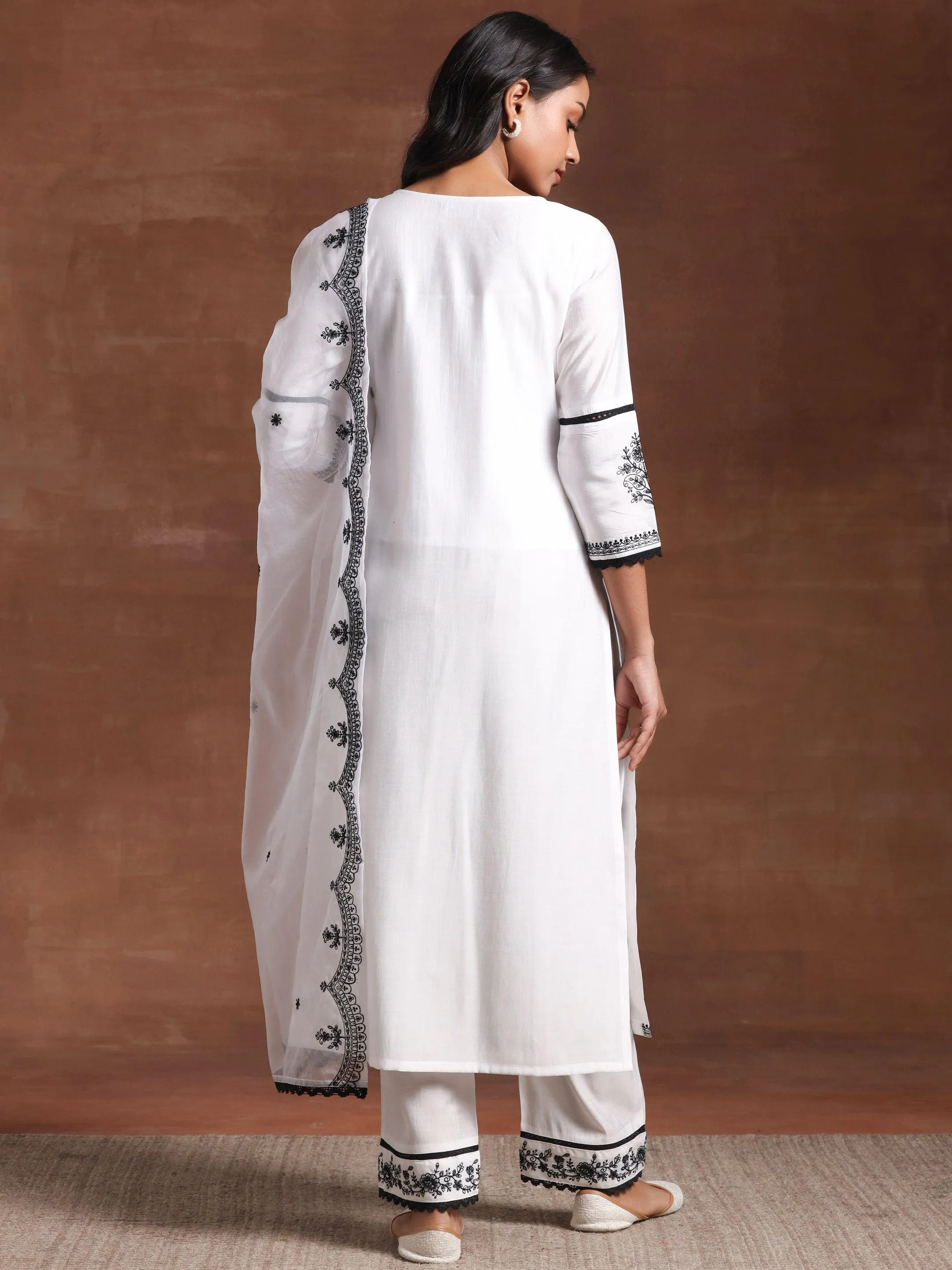 White Embroidered Silk Blend Straight Suit With Dupatta