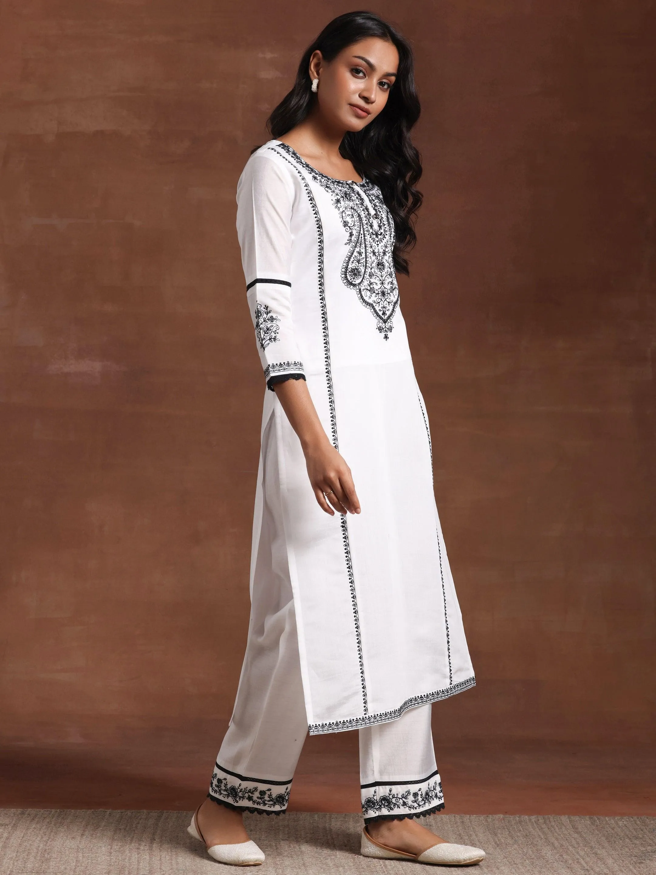 White Embroidered Silk Blend Straight Suit With Dupatta