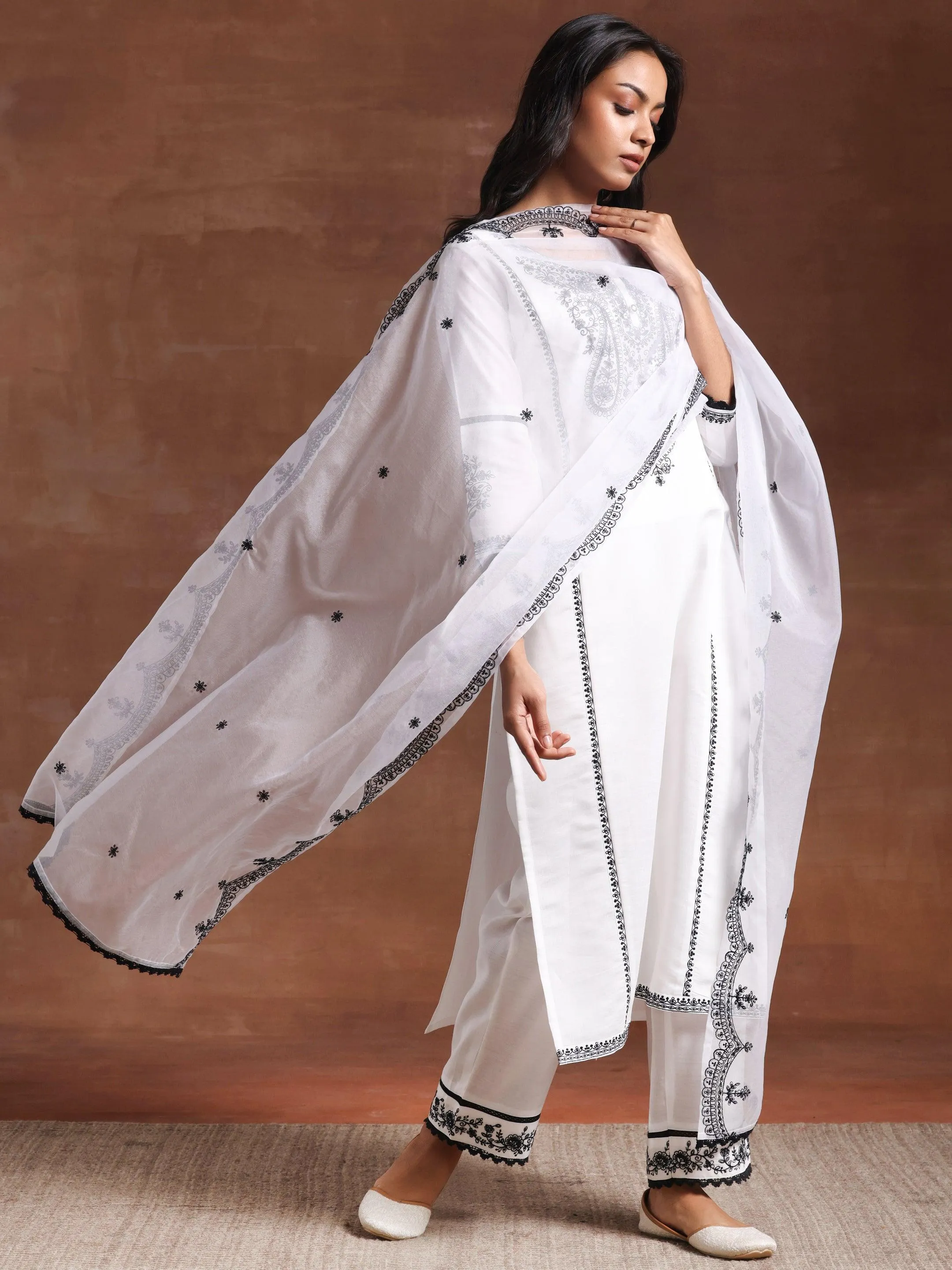 White Embroidered Silk Blend Straight Suit With Dupatta